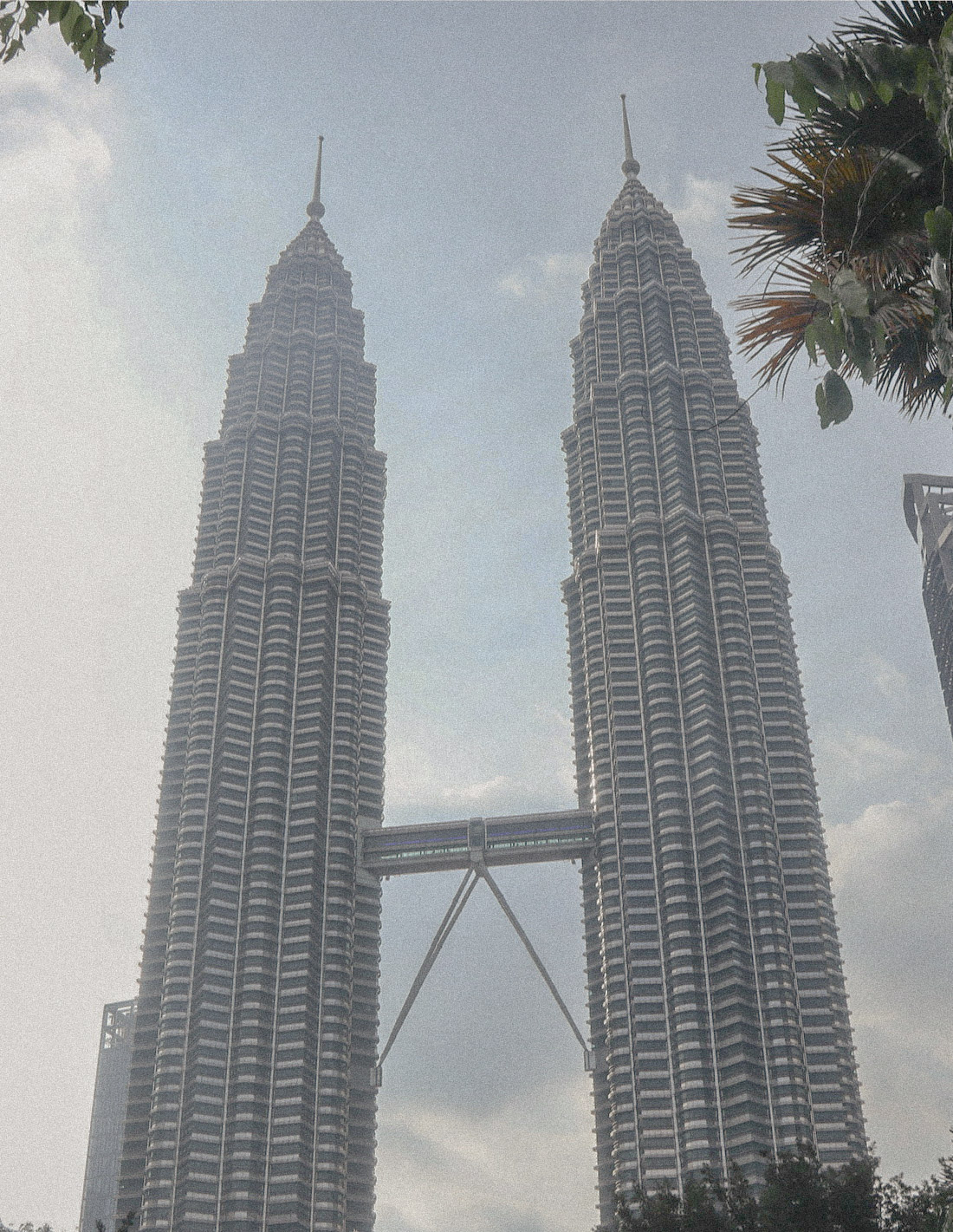 Low-angle view of the Petronas Twin Towers in Kuala Lumpur, framed by tree branches, with a hazy blue sky in the background.