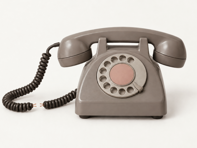 Taupe rotary telephone with a severed coiled cord on an off-white background.