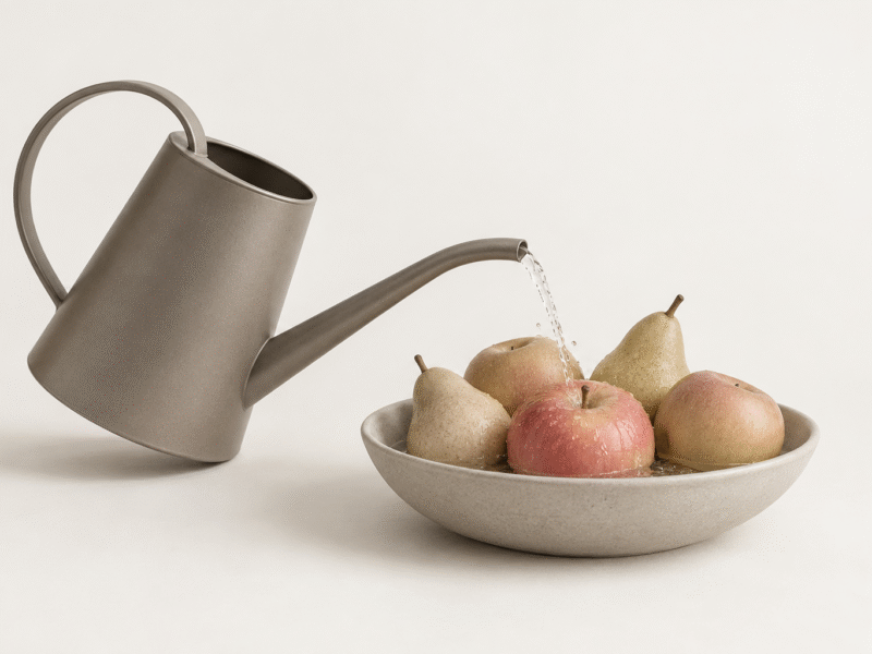 Taupe watering can pouring water over picked apples and pears in a shallow bowl.