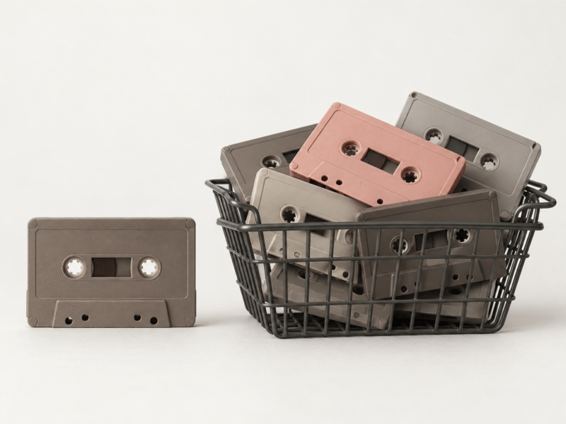 Wire basket filled with taupe, grey and dusty pink cassette tapes, with a single taupe cassette beside it.